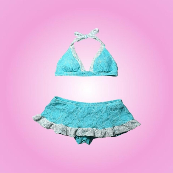 Betsey Johnson Women's Blue and White Floral Mesh Lace Bikini Set - Picture 1 of 8